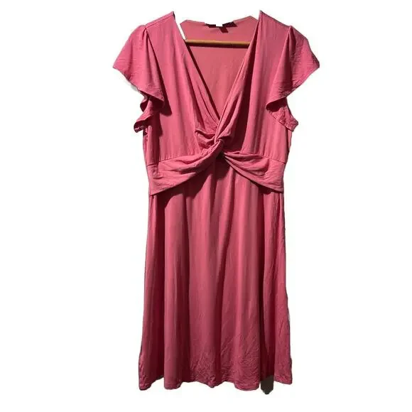 Women’s LOFT Coral Knit Dress Front Twist Size Medium Fit & Flare Knee Length - Picture 1 of 9